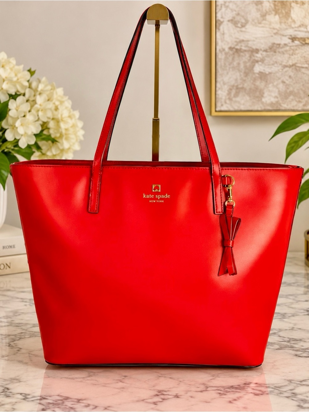 Kate Spade New York Red Leather Tote Bag Gold Hardware